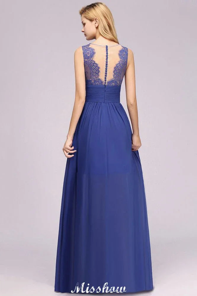Vestido de Dama de Honra Elegante em Renda de Chiffon com Joia, Sem Mangas, Comprimento Até ao Chão, Corte em A com Folhos