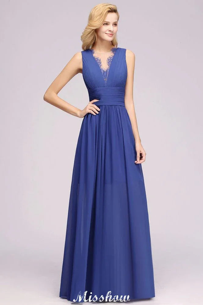Vestido de Dama de Honra Elegante em Renda de Chiffon com Joia, Sem Mangas, Comprimento Até ao Chão, Corte em A com Folhos