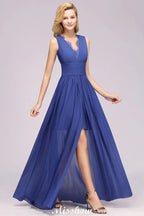 Vestido de Dama de Honra Elegante em Renda de Chiffon com Joia, Sem Mangas, Comprimento Até ao Chão, Corte em A com Folhos