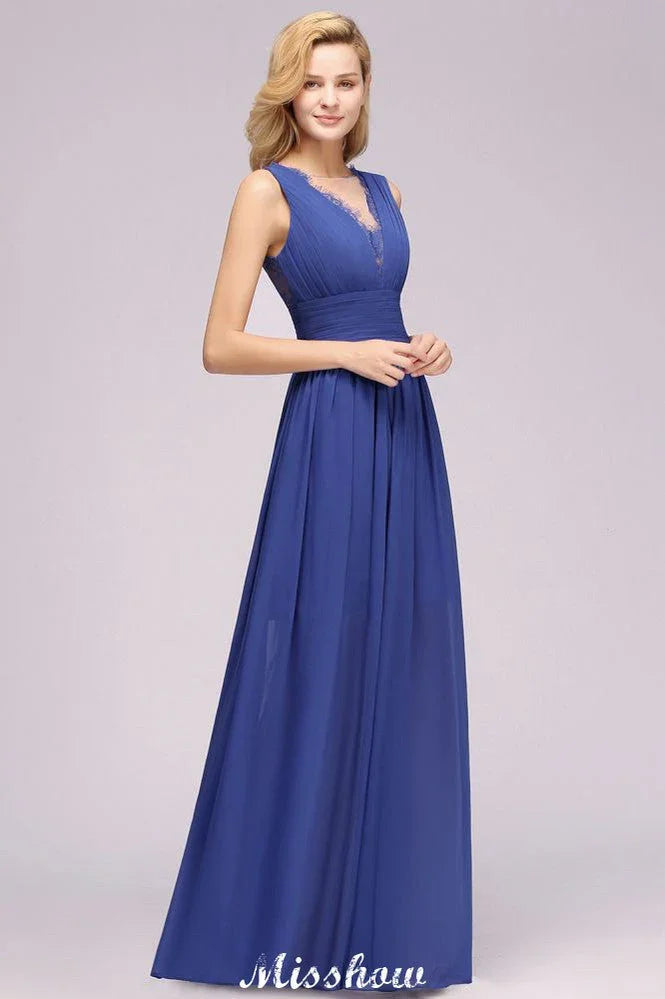 Vestido de Dama de Honra Elegante em Renda de Chiffon com Joia, Sem Mangas, Comprimento Até ao Chão, Corte em A com Folhos