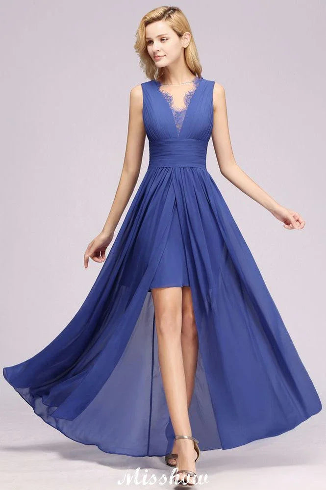 Vestido de Dama de Honra Elegante em Renda de Chiffon com Joia, Sem Mangas, Comprimento Até ao Chão, Corte em A com Folhos