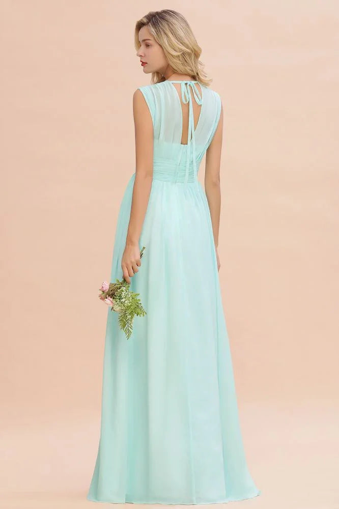 Elegant Chiffon V-Neck Sleeveless Floor-Length A-line Bridesmaid Dress with Ruffles