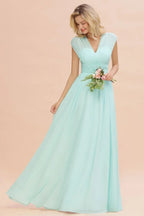 Elegant Chiffon V-Neck Sleeveless Floor-Length A-line Bridesmaid Dress with Ruffles