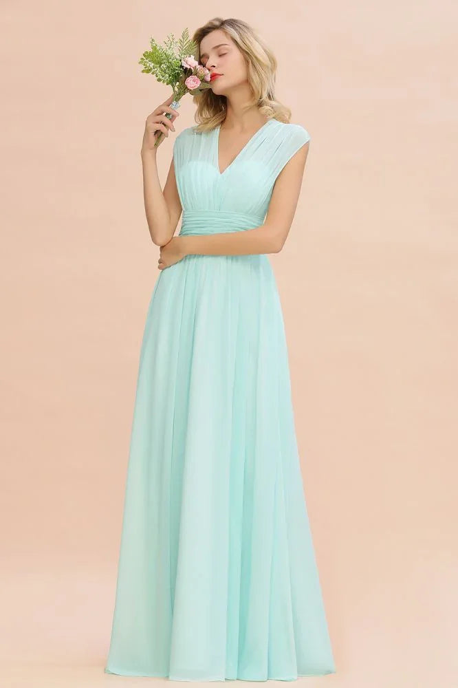 Elegant Chiffon V-Neck Sleeveless Floor-Length A-line Bridesmaid Dress with Ruffles