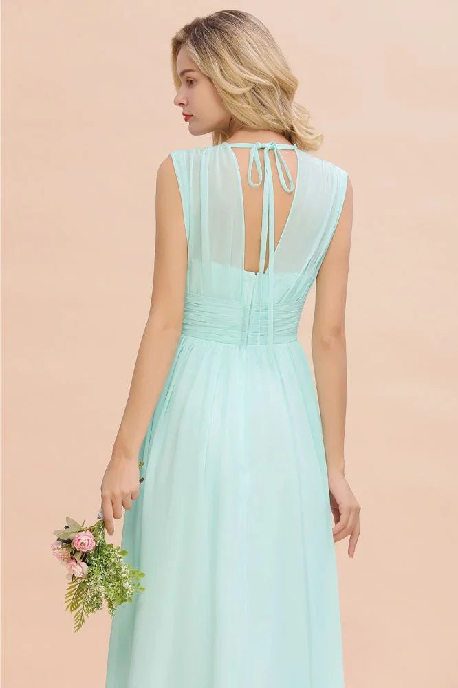 Elegant Chiffon V-Neck Sleeveless Floor-Length A-line Bridesmaid Dress with Ruffles