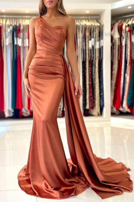 Robe de bal élégante corail, asymétrique, sans manches, sirène, longue jusqu'au sol en satin avec volants