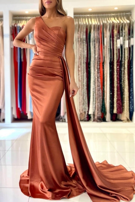 Robe de bal élégante corail, asymétrique, sans manches, sirène, longue jusqu'au sol en satin avec volants