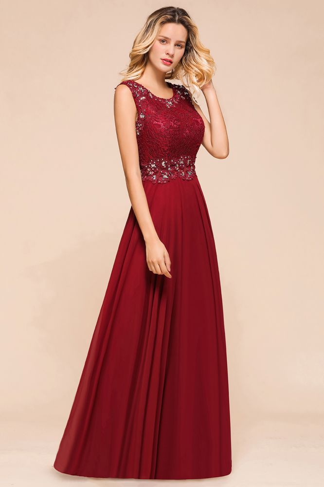 Elegant Crew Neck aline Beading Evening Dress Sleeveless Lace Floor Length Party Dress