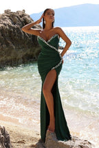 Vestido de Baile Comprido Sereia Elegante Verde Escuro Sem Mangas com Fenda