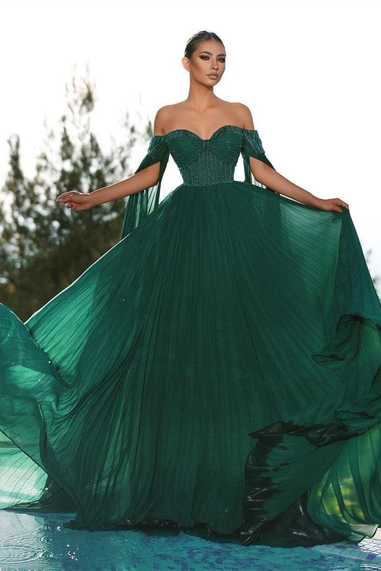 Robe de bal élégante vert foncé à paillettes, décolletée et évasée