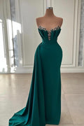 Robe de bal longue sirène élégante sans bretelles vert foncé