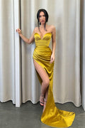 Vestido de Baile Amarelo Elegante de Estilo Sereia Sem Mangas com Fenda