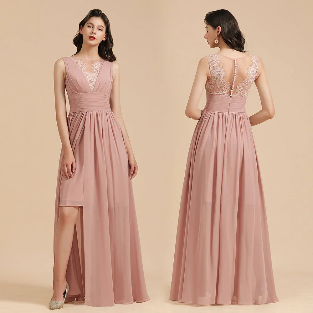 Elegantes staubiges rosa ärmelloses Blumen-Spitzenkleid für Brautjungfern mit Seitenschlitz Festkleid