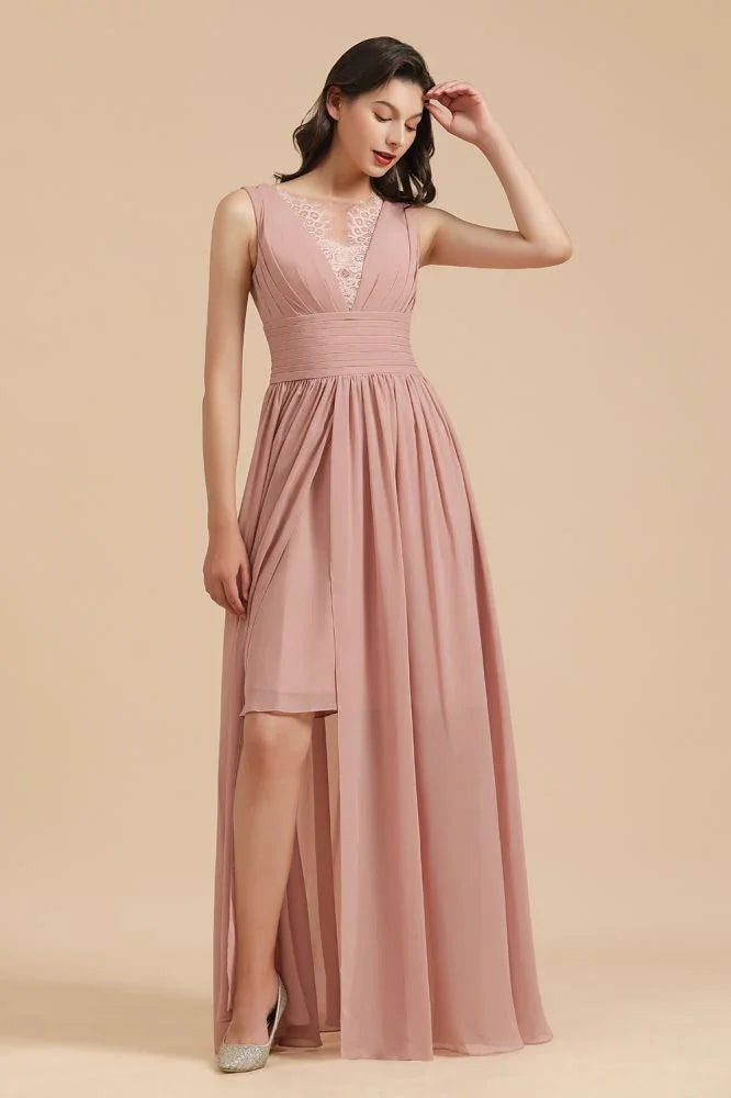 Elegantes staubiges rosa ärmelloses Blumen-Spitzenkleid für Brautjungfern mit Seitenschlitz Festkleid