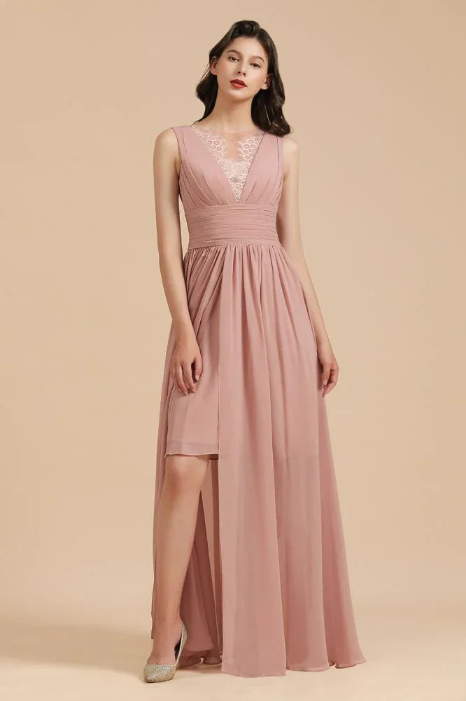 Elegantes staubiges rosa ärmelloses Blumen-Spitzenkleid für Brautjungfern mit Seitenschlitz Festkleid