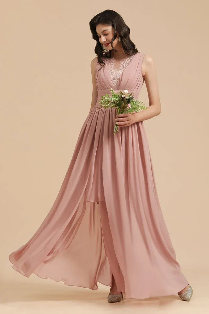 Elegantes staubiges rosa ärmelloses Blumen-Spitzenkleid für Brautjungfern mit Seitenschlitz Festkleid