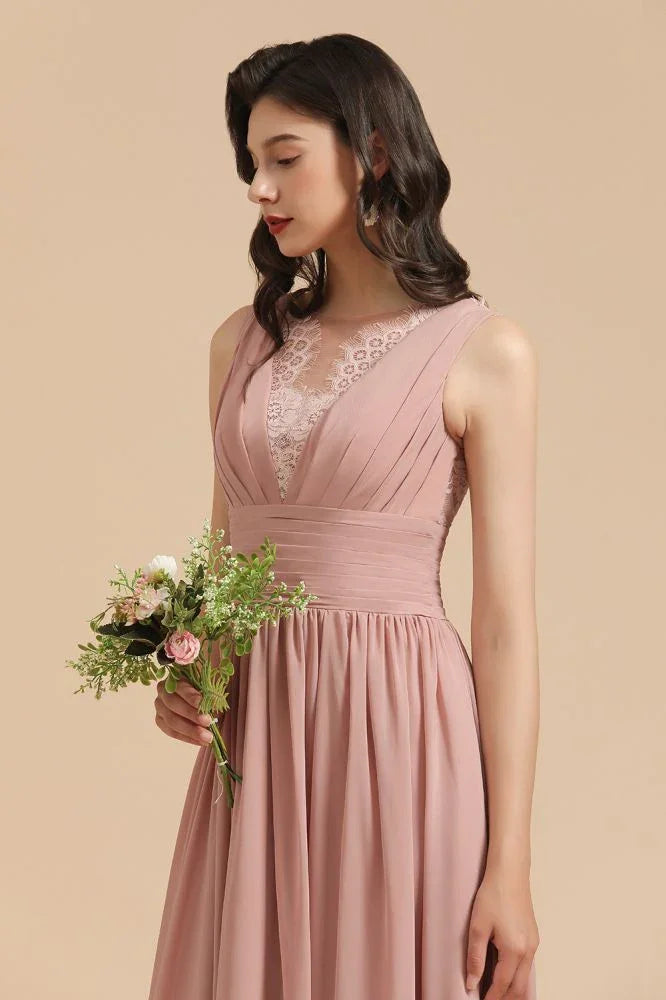 Elegantes staubiges rosa ärmelloses Blumen-Spitzenkleid für Brautjungfern mit Seitenschlitz Festkleid