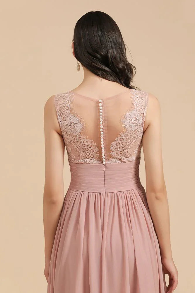 Elegantes staubiges rosa ärmelloses Blumen-Spitzenkleid für Brautjungfern mit Seitenschlitz Festkleid