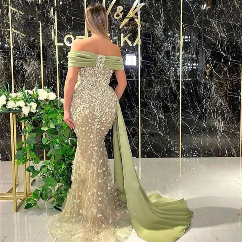 Robe de bal longue sirène élégante sauge poussiéreuse à épaules dénudées avec dentelle