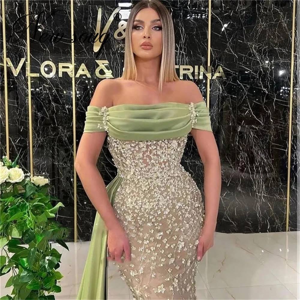 Robe de bal longue sirène élégante sauge poussiéreuse à épaules dénudées avec dentelle