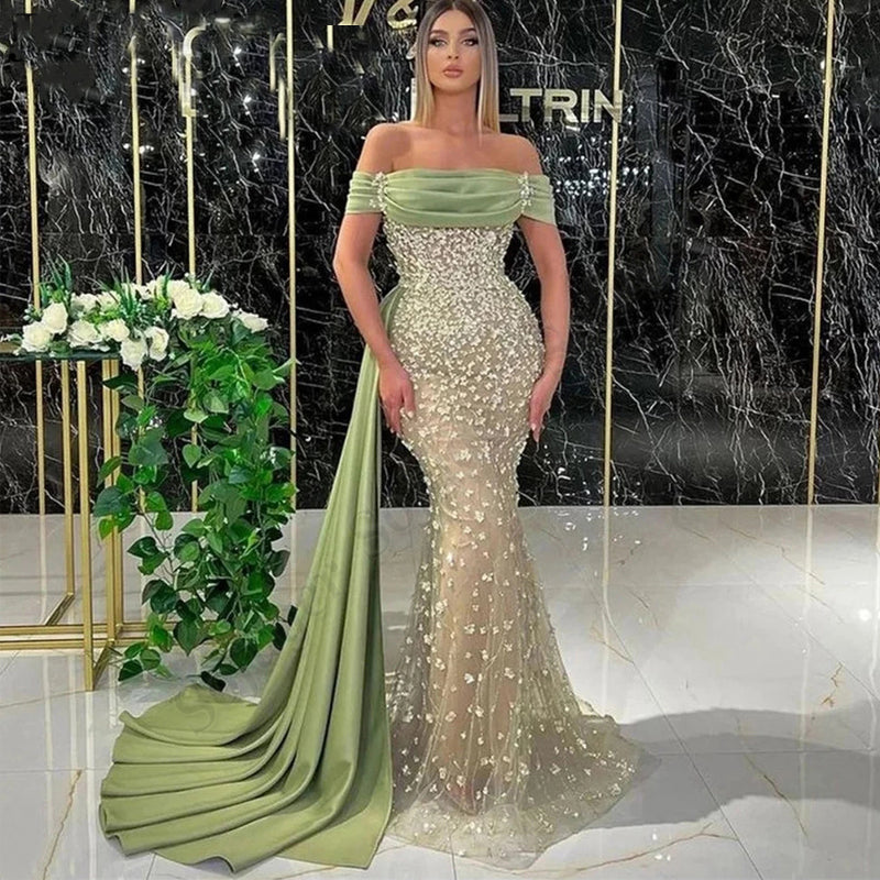 Robe de bal longue sirène élégante sauge poussiéreuse à épaules dénudées avec dentelle