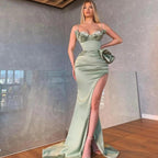 Robe de bal sirène élégante vert sauge poussiéreux à fines bretelles avec fente