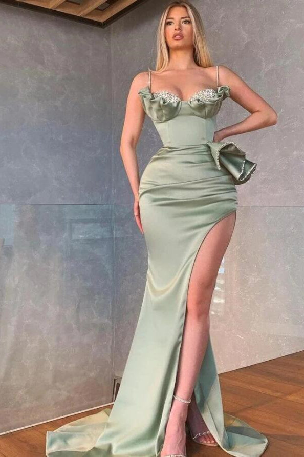 Robe de bal sirène élégante vert sauge poussiéreux à fines bretelles avec fente