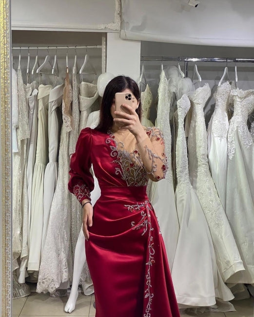 Robes de soirée élégantes longues rouge vin | Robes de bal à manches