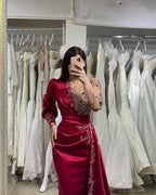 Robes de soirée élégantes longues rouge vin | Robes de bal à manches