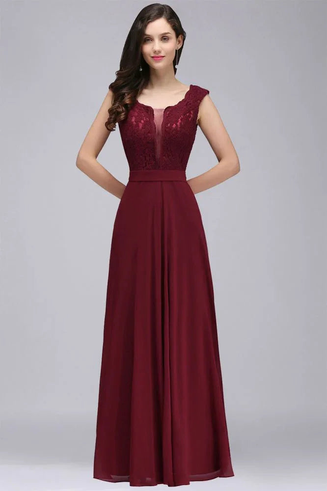 Vestido de fiesta burdeos elegante de encaje, línea A y largo hasta el suelo