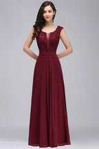 Vestido de fiesta burdeos elegante de encaje, línea A y largo hasta el suelo