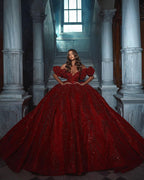 Vestido de Noiva Elegante Comprido até ao Chão com Decote em V, Sem Mangas, Ombros Descobertos, Corte em A, com Lantejoulas e Folhos