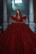Vestido de Noiva Elegante Comprido até ao Chão com Decote em V, Sem Mangas, Ombros Descobertos, Corte em A, com Lantejoulas e Folhos
