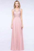 Vestido de Dama de Honra Elegante com Apliques Florais, Chiffon Cor de Rosa Enferrujado, Comprimento até ao Chão, Vestido Formal