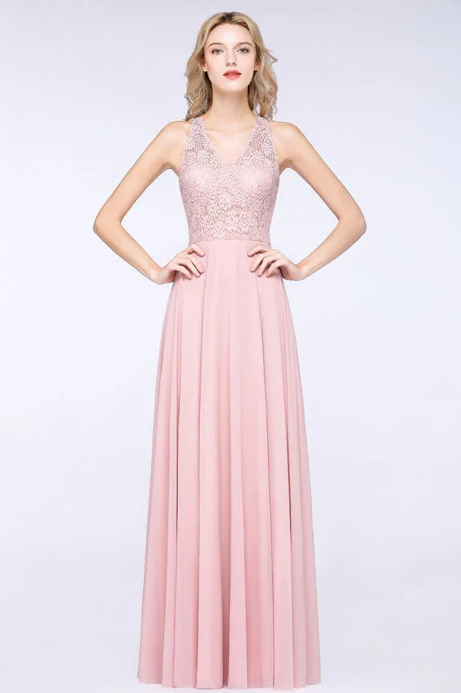Vestido de Dama de Honra Elegante com Apliques Florais, Chiffon Cor de Rosa Enferrujado, Comprimento até ao Chão, Vestido Formal