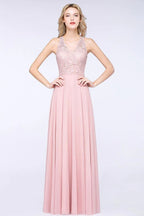Vestido de Dama de Honra Elegante com Apliques Florais, Chiffon Cor de Rosa Enferrujado, Comprimento até ao Chão, Vestido Formal