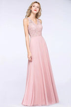 Vestido de Dama de Honra Elegante com Apliques Florais, Chiffon Cor de Rosa Enferrujado, Comprimento até ao Chão, Vestido Formal