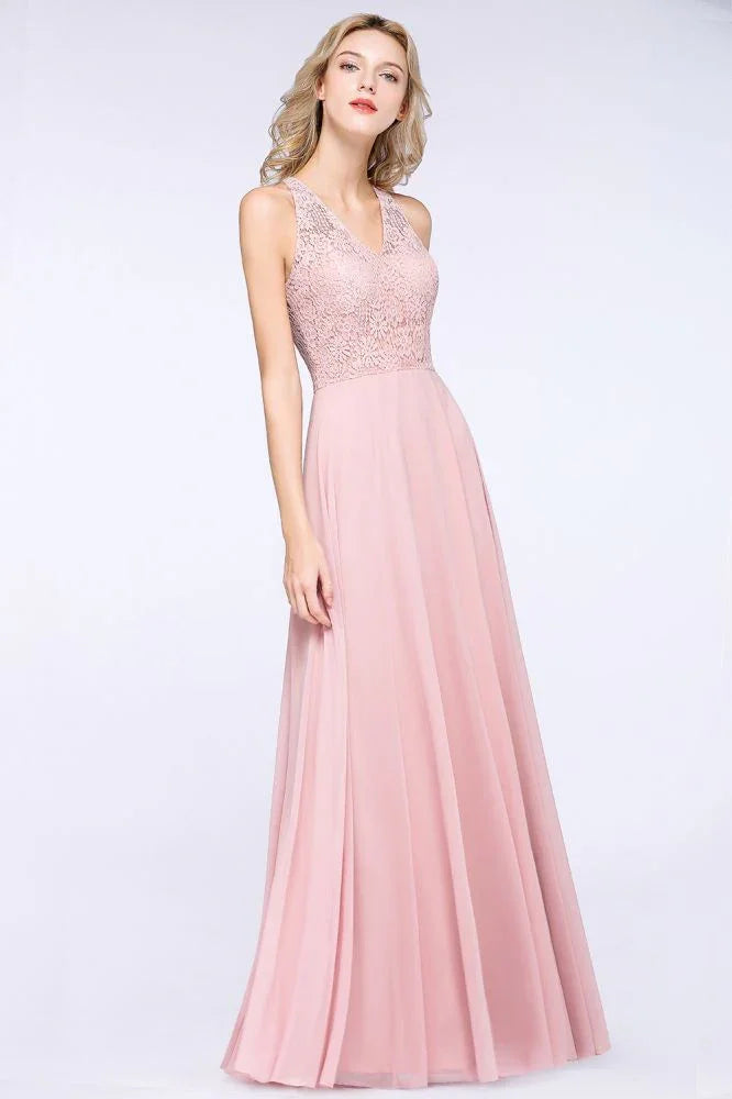Vestido de Dama de Honra Elegante com Apliques Florais, Chiffon Cor de Rosa Enferrujado, Comprimento até ao Chão, Vestido Formal