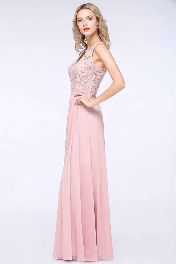 Vestido de Dama de Honra Elegante com Apliques Florais, Chiffon Cor de Rosa Enferrujado, Comprimento até ao Chão, Vestido Formal