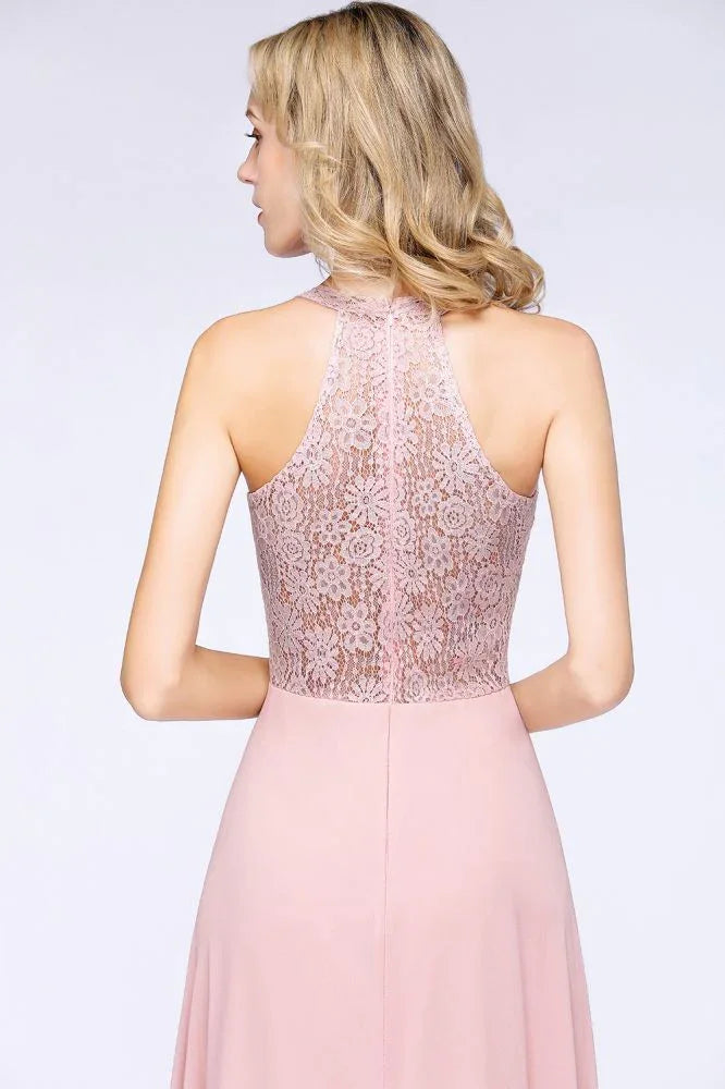 Vestido de Dama de Honra Elegante com Apliques Florais, Chiffon Cor de Rosa Enferrujado, Comprimento até ao Chão, Vestido Formal