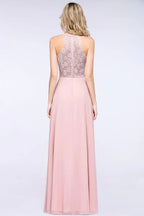 Vestido de Dama de Honra Elegante com Apliques Florais, Chiffon Cor de Rosa Enferrujado, Comprimento até ao Chão, Vestido Formal