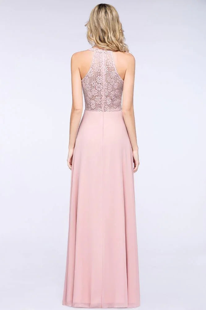 Vestido de Dama de Honra Elegante com Apliques Florais, Chiffon Cor de Rosa Enferrujado, Comprimento até ao Chão, Vestido Formal