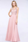 Vestido de Dama de Honra Elegante com Apliques Florais, Chiffon Cor de Rosa Enferrujado, Comprimento até ao Chão, Vestido Formal