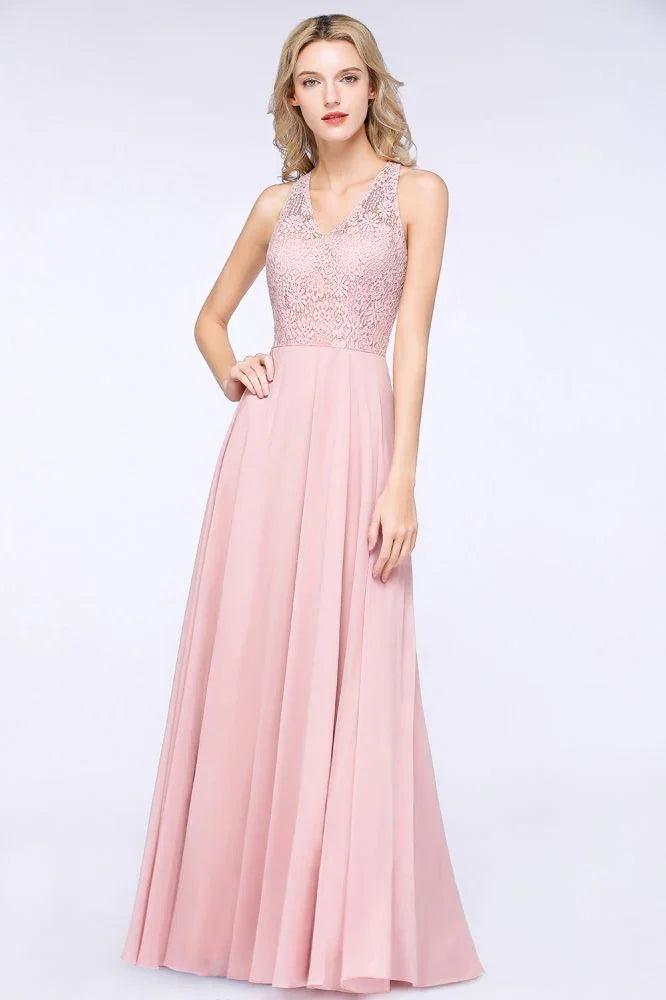 Vestido de Dama de Honra Elegante com Apliques Florais, Chiffon Cor de Rosa Enferrujado, Comprimento até ao Chão, Vestido Formal