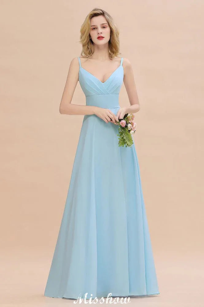 Elegant Front Split Bridesmaid Dress Garden Spaghetti Straps V-neck Floor Length Dress
