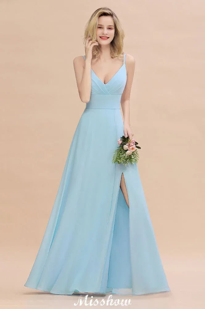 Elegant Front Split Bridesmaid Dress Garden Spaghetti Straps V-neck Floor Length Dress