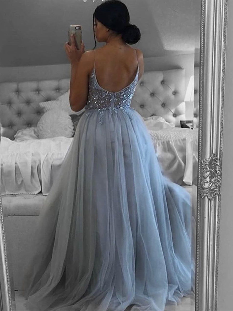 Robe de bal formelle élégante grise longue en ligne A à col en V avec dos ouvert et perles, fendue
