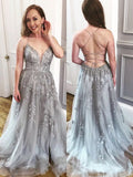 Robe de bal formelle élégante grise longue en tulle, ligne A, col en V, dos en dentelle sans dos