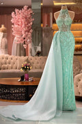 Robe de bal sirène élégante verte à col montant sans manches avec dentelle