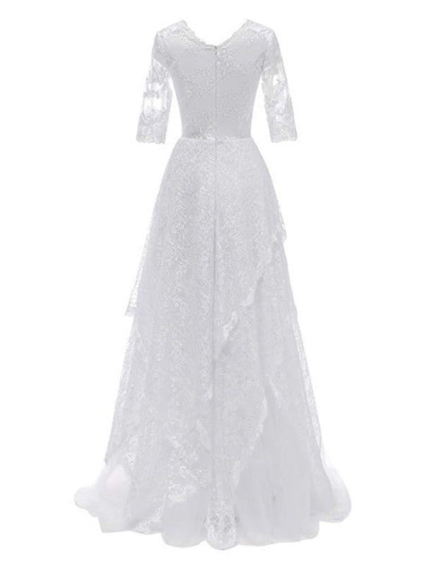 Boho Lace Wedding Dress With V Neck And Half Sleeves Back Zipper